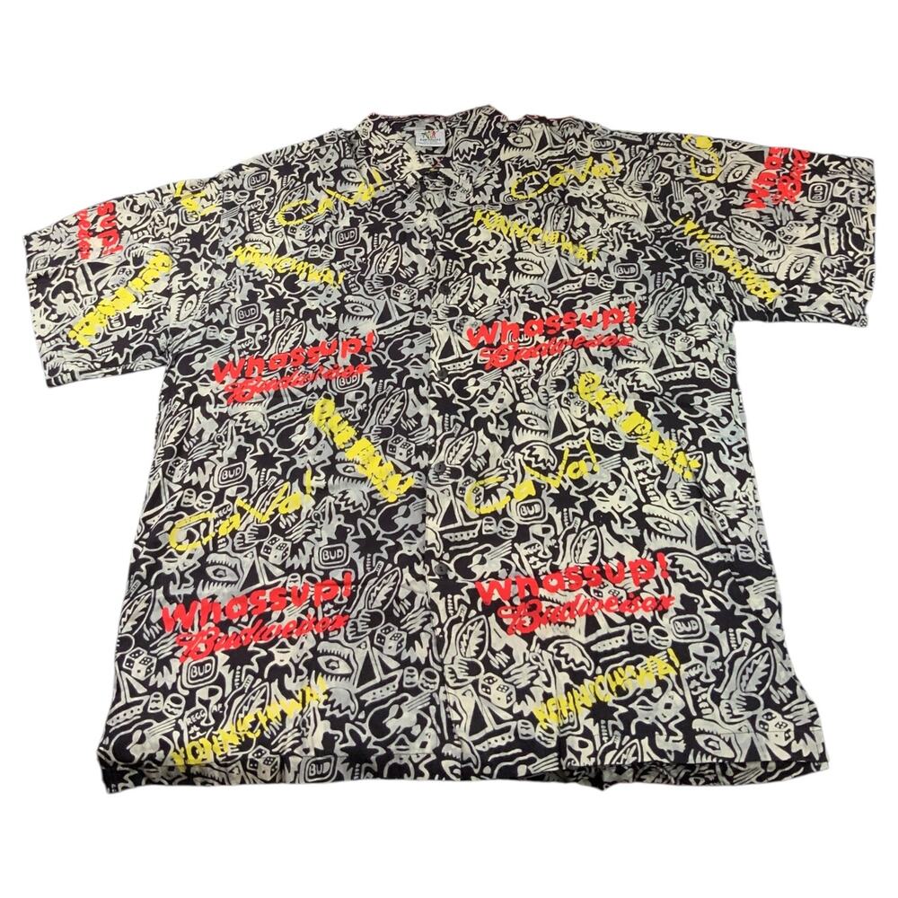 Budweiser Whassup Hawaiian Camp Shirt XL Rum Reggae Rayon Button Up Resortwear